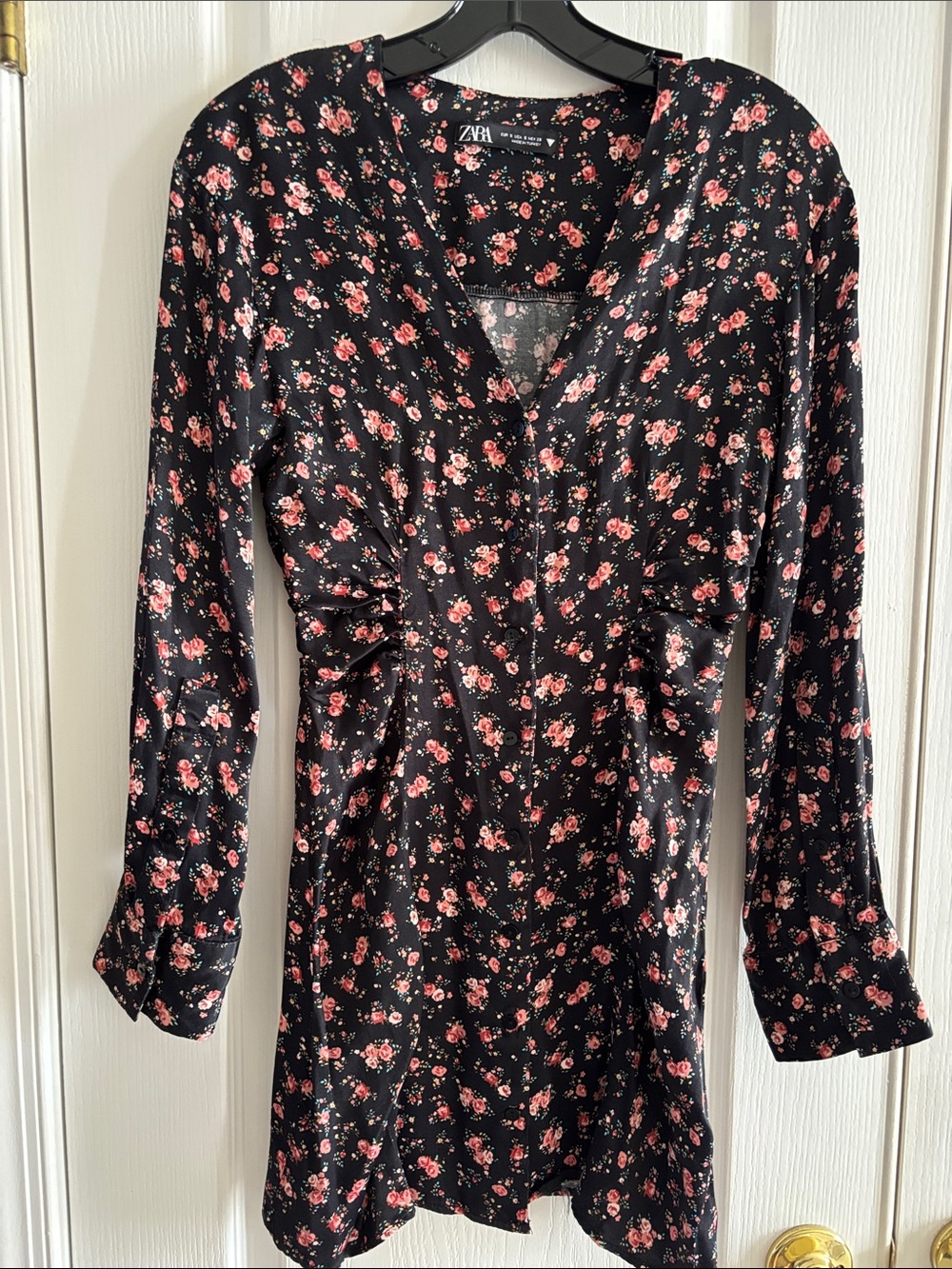 Zara Black Dress with Pink Floral Print, Long Sleeve
